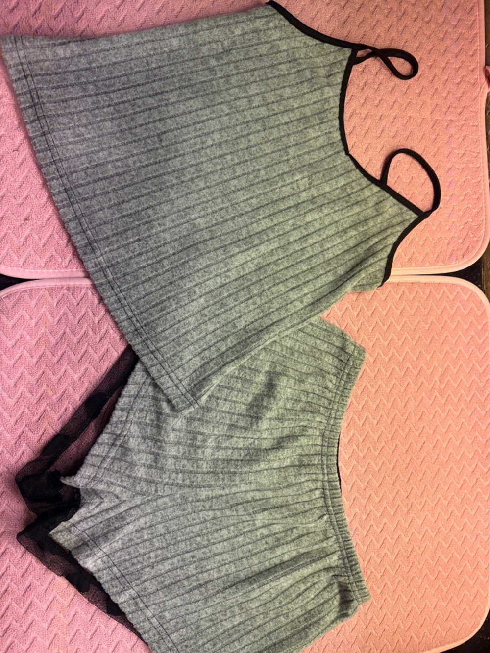 Gray Ribbed Knit Cami and Shorts Set with Black Trim & See through back.